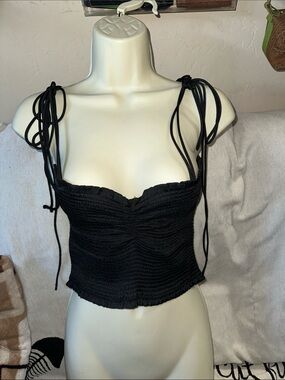 Reset by Jane medium Black Smocked Tie-Shoulder Crop Top New